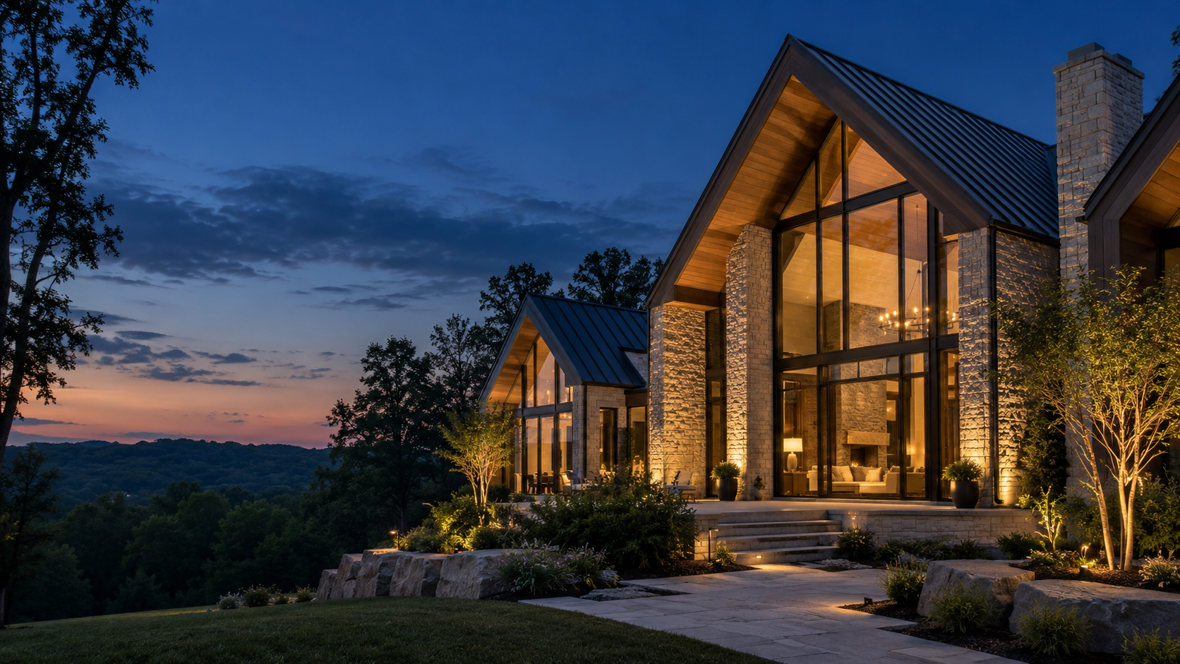 A stone-and-timber home at dusk; architectural concept imagery
