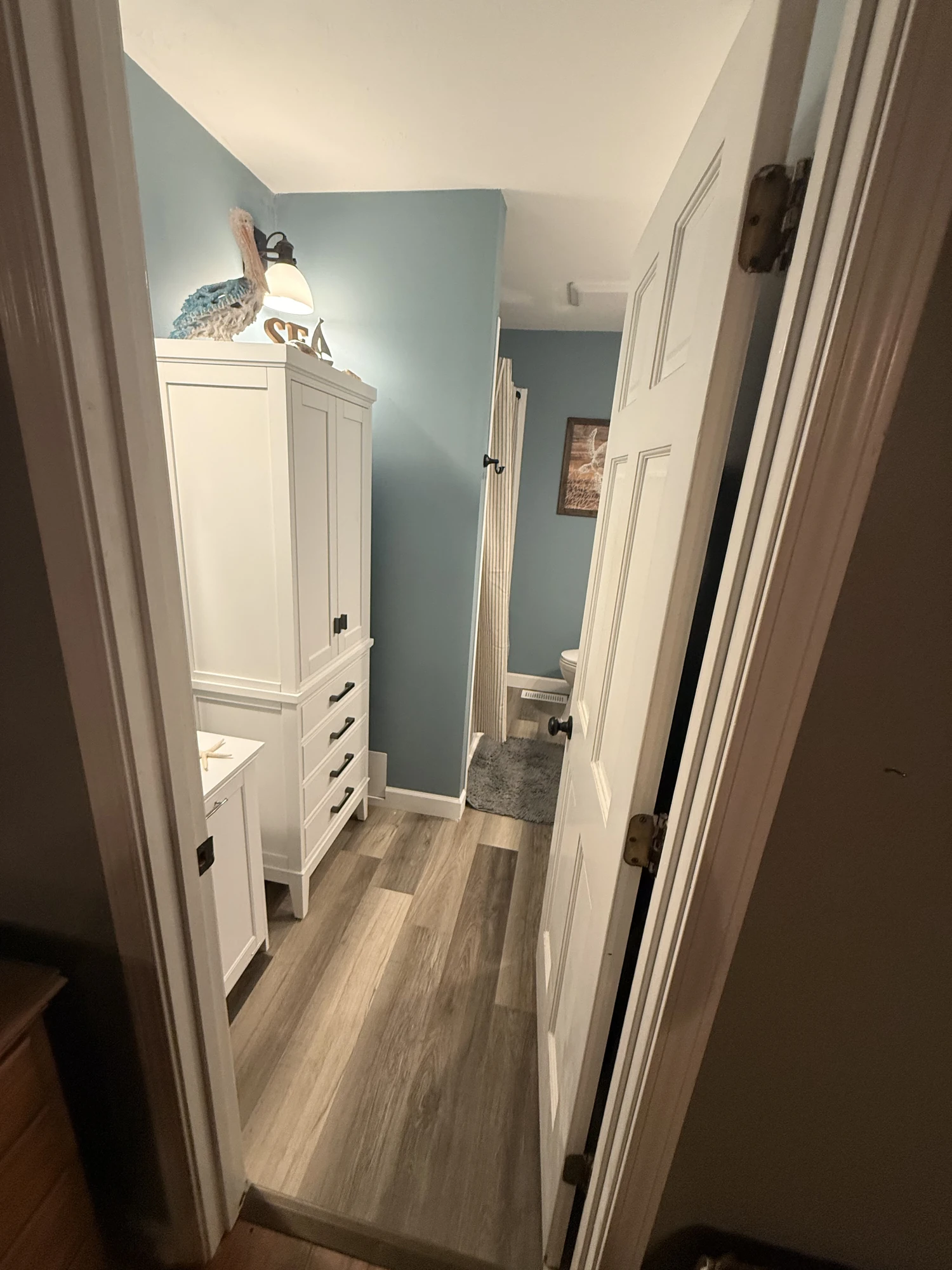 Finished blue bathroom viewed from the entry, showing white cabinetry and completed wood-look flooring at a Shorehome Kentucky project.